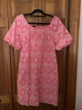 Talbots Women's 10 Cottagecore Pink Dress W/ White Eyelette Embroidery Details